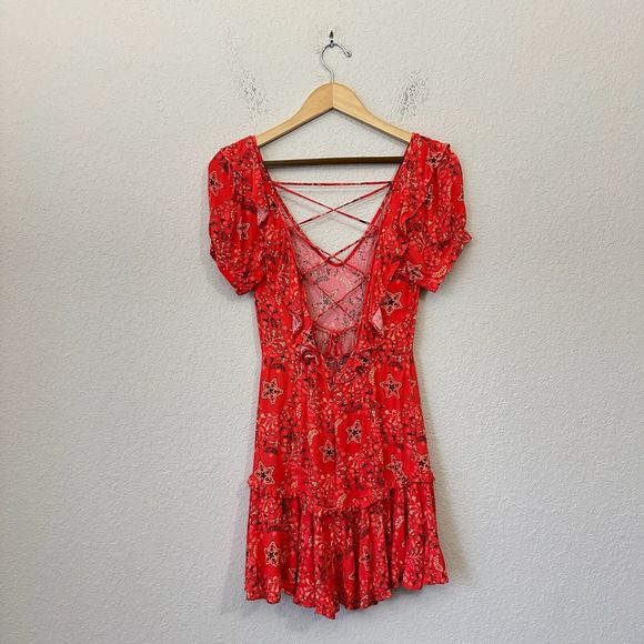 SPELL & THE GYPSY Collective Celestial Mini Dress Lace Up Back in Red - Picture 7 of 15